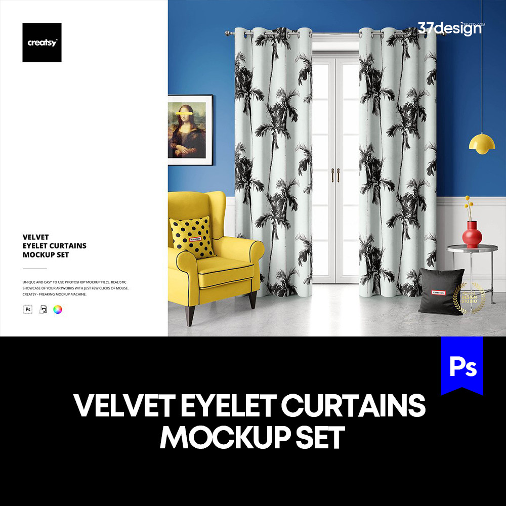 客厅北欧简约现代丝绒窗帘图案设计贴图ps样机素材场景展示模板