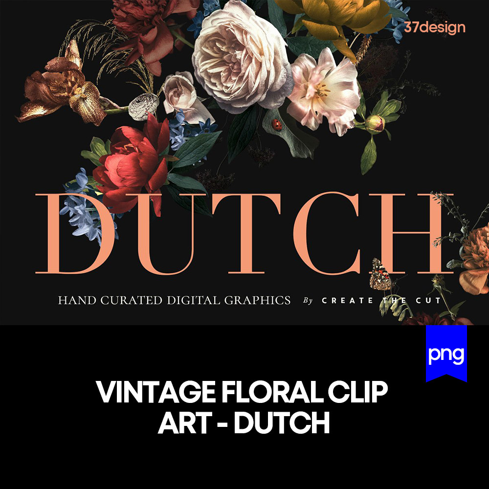 Dutch 复古艺术宫廷水彩花卉植物插画剪贴画PNG免抠设计素材模版