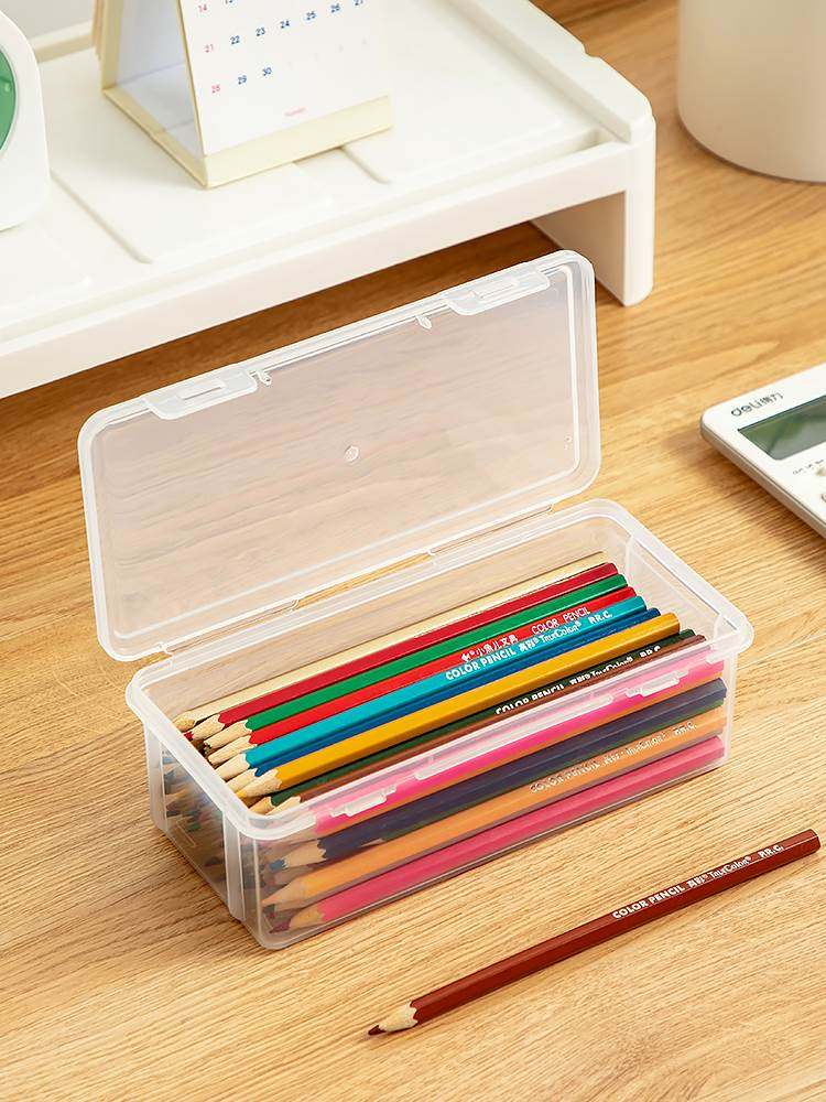 蜡笔收纳盒画画笔盒子透明塑料长方形翻盖收纳盒开学文具用品小号