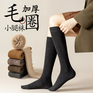 毛圈中筒袜子女秋冬保暖纯棉加厚小腿袜加绒半截黑丝袜jk长筒棉袜