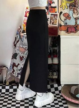 黑色开叉包臀A字半身裙女2025春秋新款高腰显瘦百搭纯色中长裙子