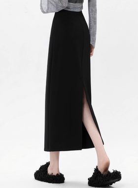 黑色西装半身裙女夏薄款长款高腰a字后开叉垂感直筒一步包臀裙子