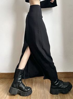 直筒半身裙女黑色高腰包臀裙后开叉2025新款复古半裙中长款一步裙