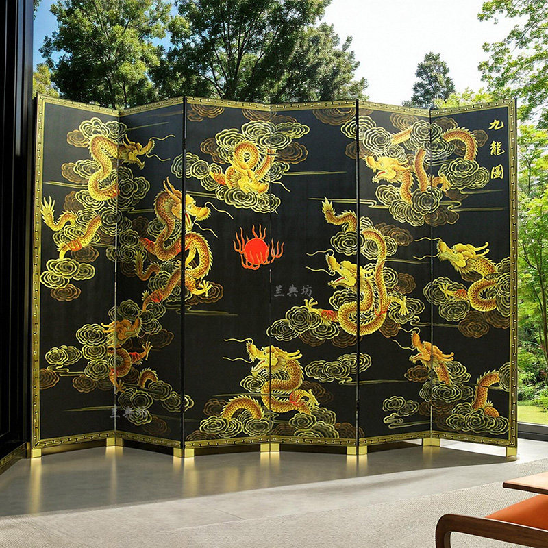 中式漆画屏风纯手工立体九龙戏珠折屏家居客厅酒店隔断屏沙发背景