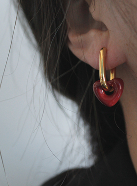 高级感法式复古红色爱心耳环女适合方圆脸耳饰可拆卸佩戴圈圈耳钉