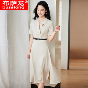 ZG轻奢2025新款V领连衣裙女短袖纯色气质职业连衣裙工作服显瘦
