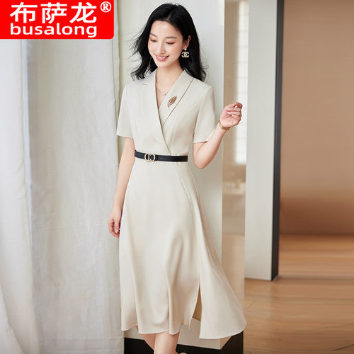 ZG轻奢2025新款V领连衣裙女短袖纯色气质职业连衣裙工作服显瘦