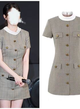 iu李知恩同款格子连衣裙甜美淑女小个子卡其色格纹A字短裙礼服新