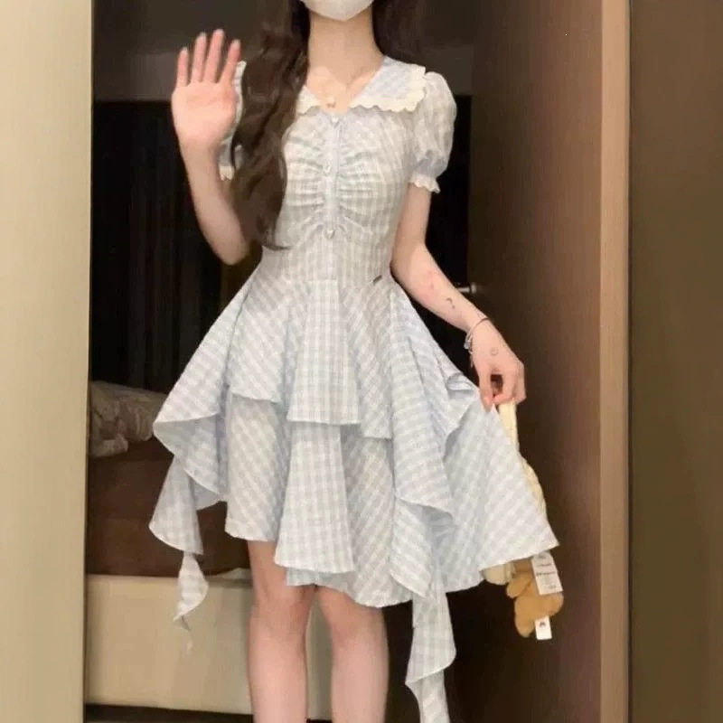 轻奢蓝色格纹娃娃领连衣裙女夏季连衣裙