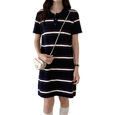 轻奢春夏新款女式POLO领纯棉连衣裙学院风针织三分袖长裙子间色