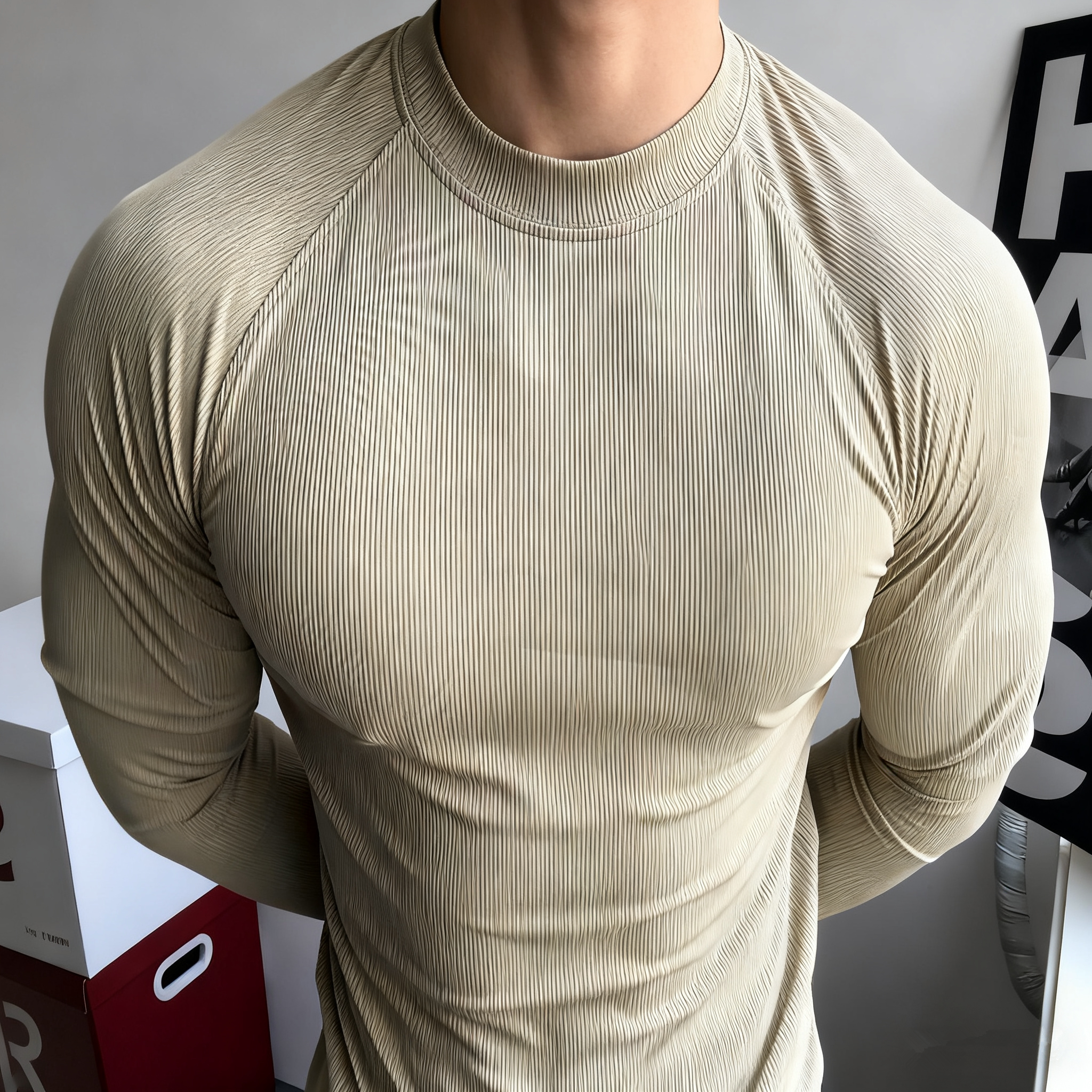 肌肉型男运动长袖潮流高弹纯色器械训练显大健身衣速干小领口上衣
