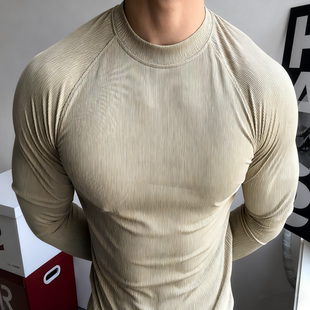 肌肉型男运动长袖潮流高弹纯色器械训练显大健身衣速干小领口上衣