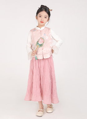 80555国风童装2026春季新款女童新中式汉服新年战袍唐装马甲裙子