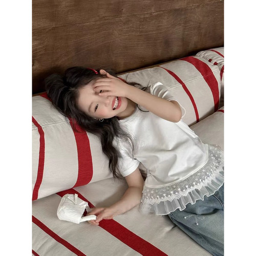 0769467女童夏季蕾丝拼接短袖2026夏装新款甜美儿童时髦中大童t恤
