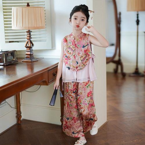 80737新中式拼接撞色马甲童装夏季改良中国风汉服女童唐装两件套