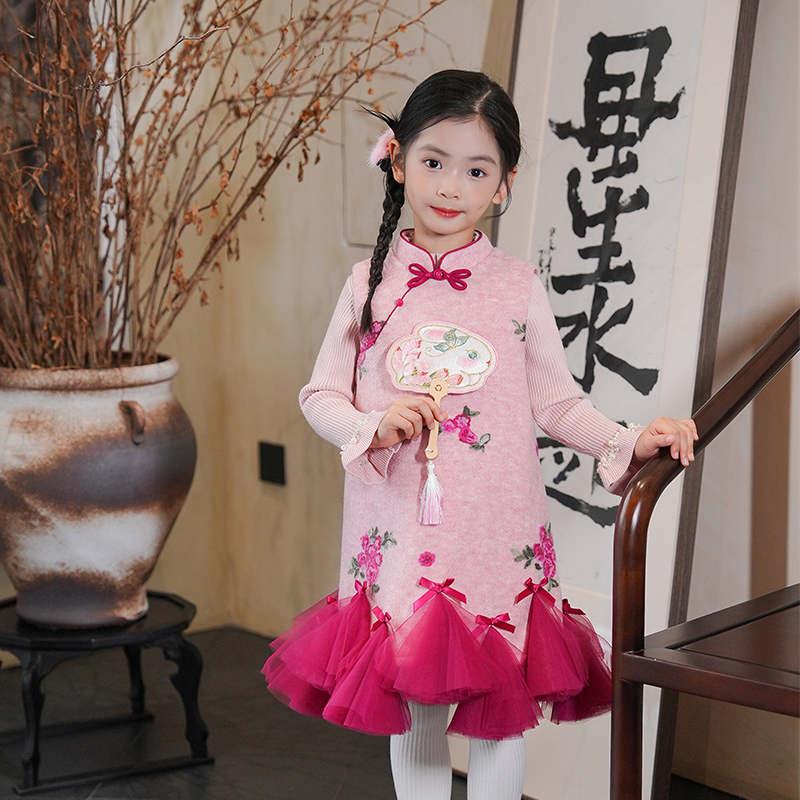 女童连衣裙新中式汉服改良旗袍背心裙2025冬季新款国风网纱裙子
