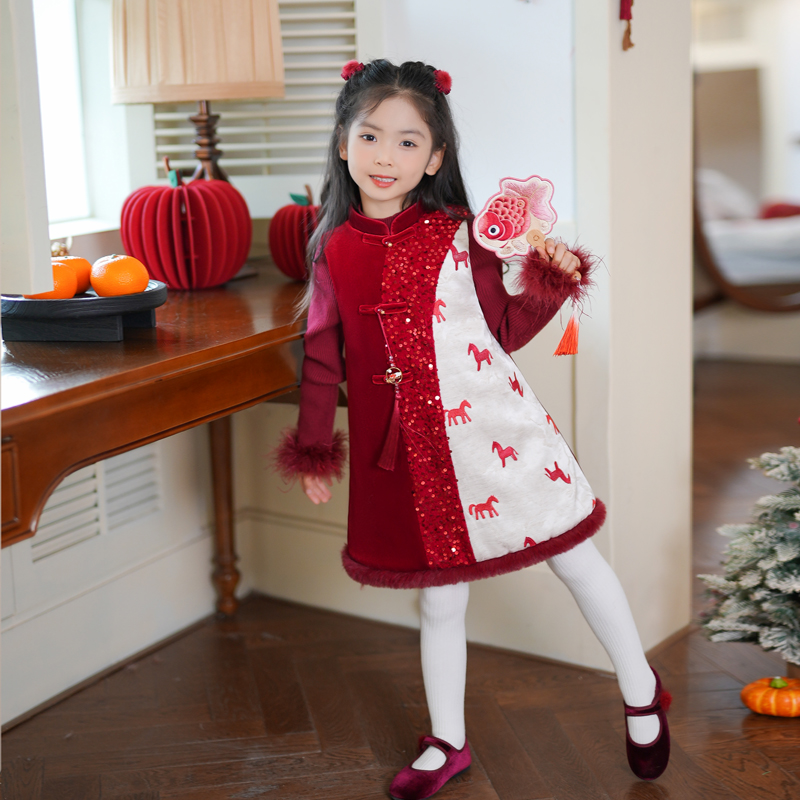 80897女童国风年服汉服改良旗袍裙背心裙25年冬款拼接亮片连衣裙