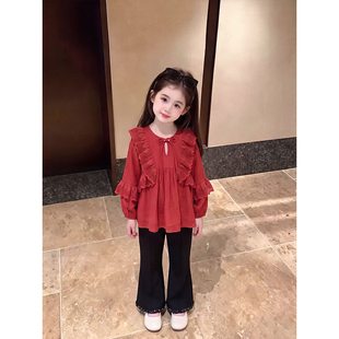 女童衬衫秋装2026新款红色蕾丝衬衣校园穿搭精致荷叶边百搭上衣