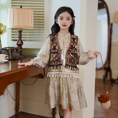 女孩西域民族风连衣裙子 新款 女童套装 复古风铃动流苏马甲2026春季