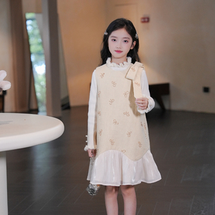 女童连衣裙公主裙女童2025新款秋季蝴蝶结飘带设计富家千金感裙子