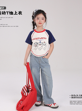 82124D女童短袖T恤可爱拼接卡通衣服2025夏季新款洋气插肩袖上衣