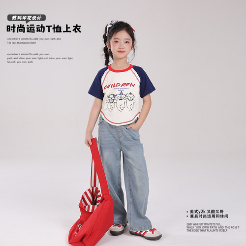 82124D女童短袖T恤可爱拼接卡通衣服2026夏季新款洋气插肩袖上衣