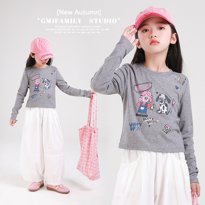 53273M女童甜美卡通印花t恤外穿2025秋装新款短袖圆领内搭打底衫