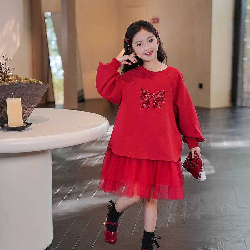 80804M女童连衣裙秋季蝴蝶结红色裙子2025新款儿童卫衣拼接网纱裙