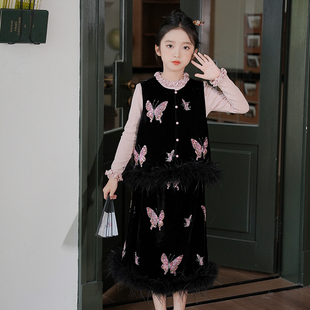毛毛背心裙子国风童装 女童新中式 马甲2025新款 汉服秋装 两件套 套装
