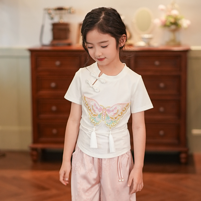 53346女童t恤2025新款小女孩夏装上衣时髦新中式国风刺绣短袖衣服