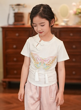 53346女童t恤2025新款小女孩夏装上衣时髦新中式国风刺绣短袖衣服