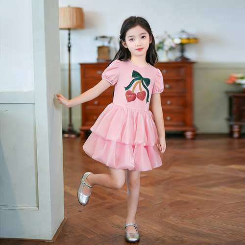 07691093女童连衣裙夏2026新款亮片樱桃公主裙网纱拼接蛋糕裙