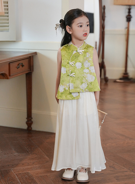 80671女童国风汉服立领马甲网纱阔腿裤套装2025夏季新中式套裤