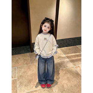 女童韩系宽松卫衣2026新款小狗刺绣条纹假两件蝴蝶结袖口套头童装