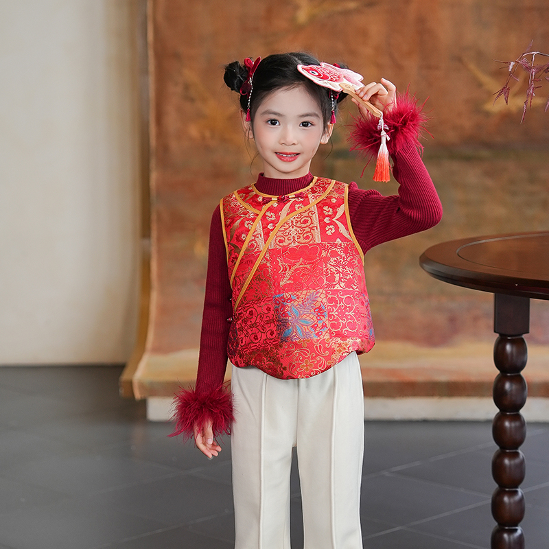 53987女童新中式旗袍背心马甲汉服唐装拜年服25冬装儿童过年衣服