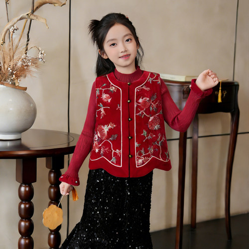 54034女童汉服背心马甲新中式国风周岁礼服儿童生日宴过年拜年服