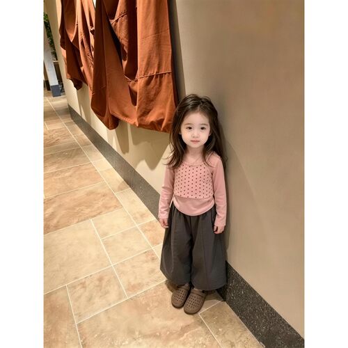 韩版女童秋季新款2026显白波点真两件长袖上衣T恤百搭气球裤套装
