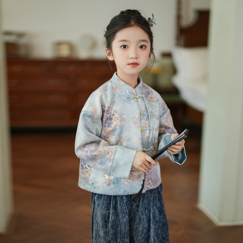 女童套装国风新中式春秋2025新款儿童古风改良汉服长袖上衣两件套