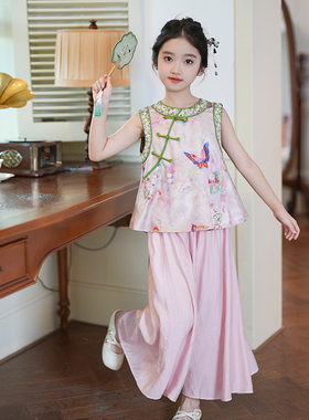 53894古风女童汉服套装新中式2025夏季小女孩国风盘扣上衣阔腿裤