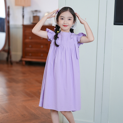 夏季清仓--80076女童2025夏季连衣裙设计感紫色小飞袖压褶裙子