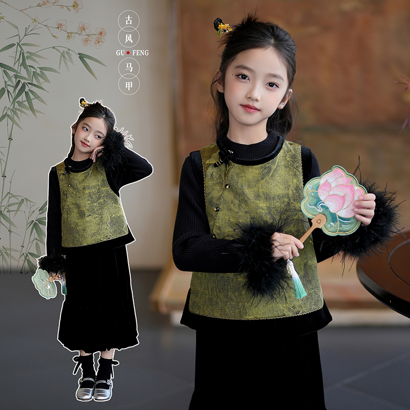 汉服女童新中式国风丝绒拼接马甲复古背心秋装2025新款儿童唐装