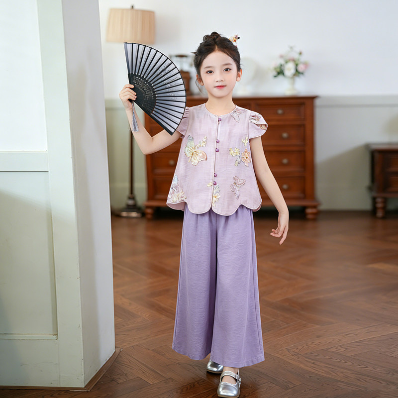 女童套装夏装2026新款绣花无袖上衣阔腿裤国风刺绣新中式汉服古装
