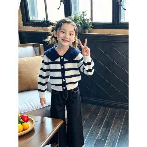2026春秋女童新款海军领条纹针织开衫洋气牛仔阔腿裤套装俩件套