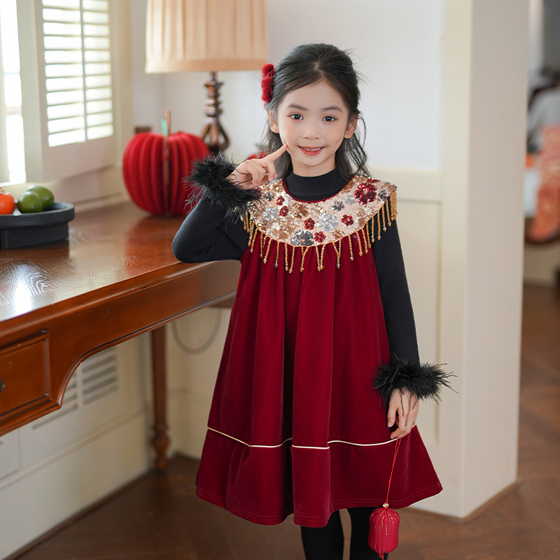 女童连衣裙2025款冬季新款汉服旗袍裙国风新中式年服周岁礼服裙子