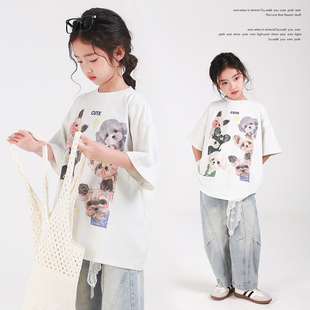 53262M女童短袖 洋气慵懒风衣服 T恤宽松百搭狗狗印花2025夏季 新款