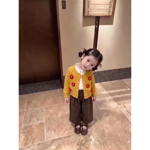 女童装春秋装套装2026新款洋气韩范女宝开衫毛衣休闲格子裤两件套