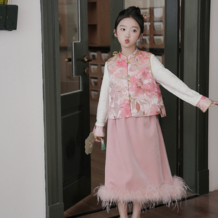 女童汉服2025秋季国风新中式马甲古风唐装背心裙子童装儿童套装