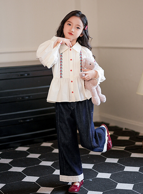 J09005女童衬衫春秋2025新款儿童复古刺绣长袖上衣时髦秋装衬衣