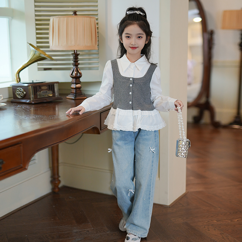 女童衬衫花边上衣假两件拼接衣服2025秋季新款洋气儿童装甜美衬衣