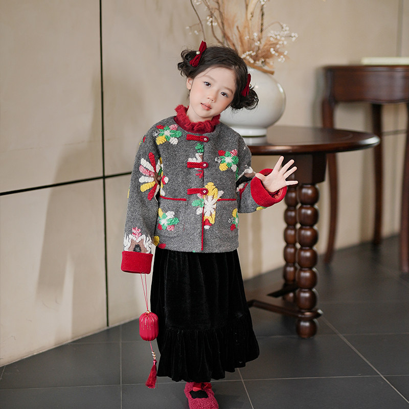 女童毛呢外套童装大衣冬装2025新款宝宝撞色呢子加厚上衣儿童棉服